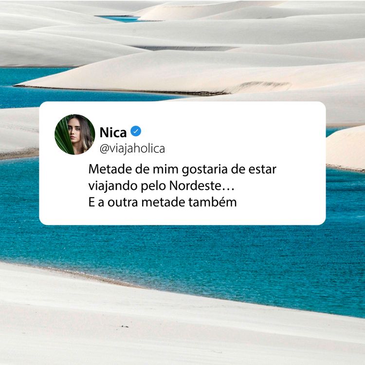 dica-da-nica-viajholica.jpg imagem do twitter com um fundo de uma praia escrito: metade de mim gostaria de estar viajando pelo nordeste... a outra metade também